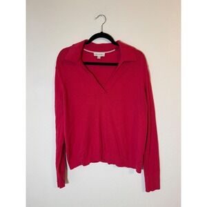 Free Assembly Women's Collared V-Neck Sweater Hot Pink Shaker Stitch Size XL